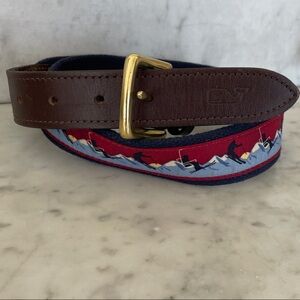 VINEYARD VINES Men's Ski Print Blue Brown Leather Canvas Belt Gold Buckle 30